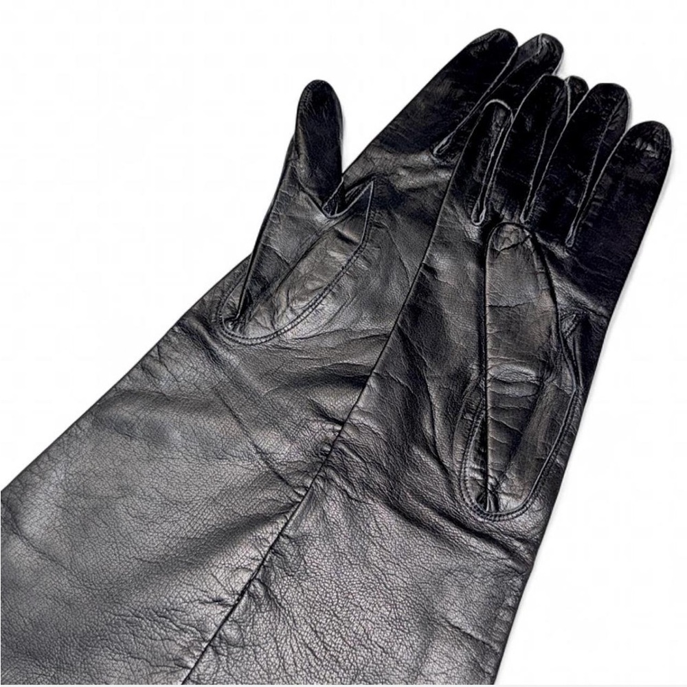 INSANE *** Vintage 50s NWT Black Leather & Silk Opera Gloves - made in France 🇫🇷 - Picture 6 of 8
